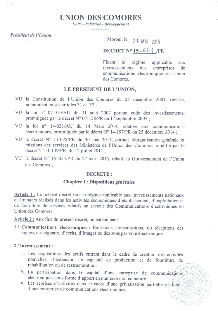 Decree N°15-061_PR establishing the regime applicable to investments of electronic communications companies